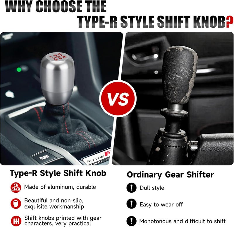 ANDO RACING 5 Type-R Style Speed Car Gear Shift Shifter Knob,Aluminum Alloy Shift Lever Knob with 3 Adapters Compatible with Manual 5 Speed Universal Gear Stick Shift Knob for Car Truck SUV (Silver) - Image 3